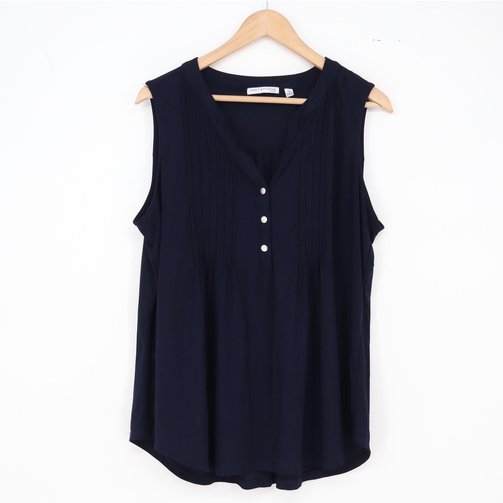 Notations Top Women 2X Navy Blue Pleated Sleeveless Henley Excellent
